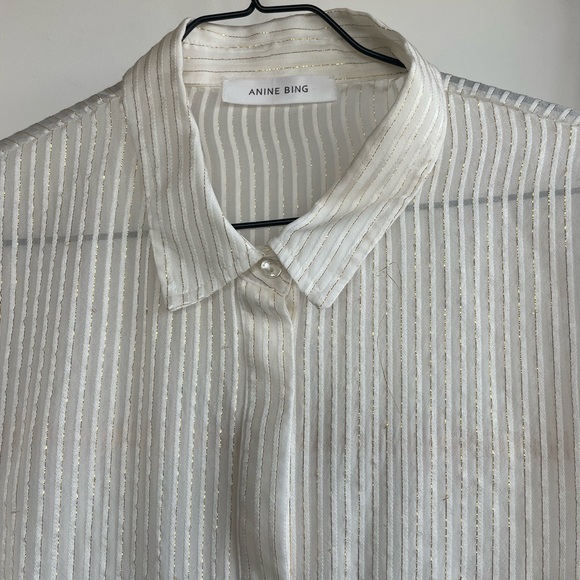 Anine Bing Cream Striped Metallic Button Down Sheer Shirt - Picture 2 of 10